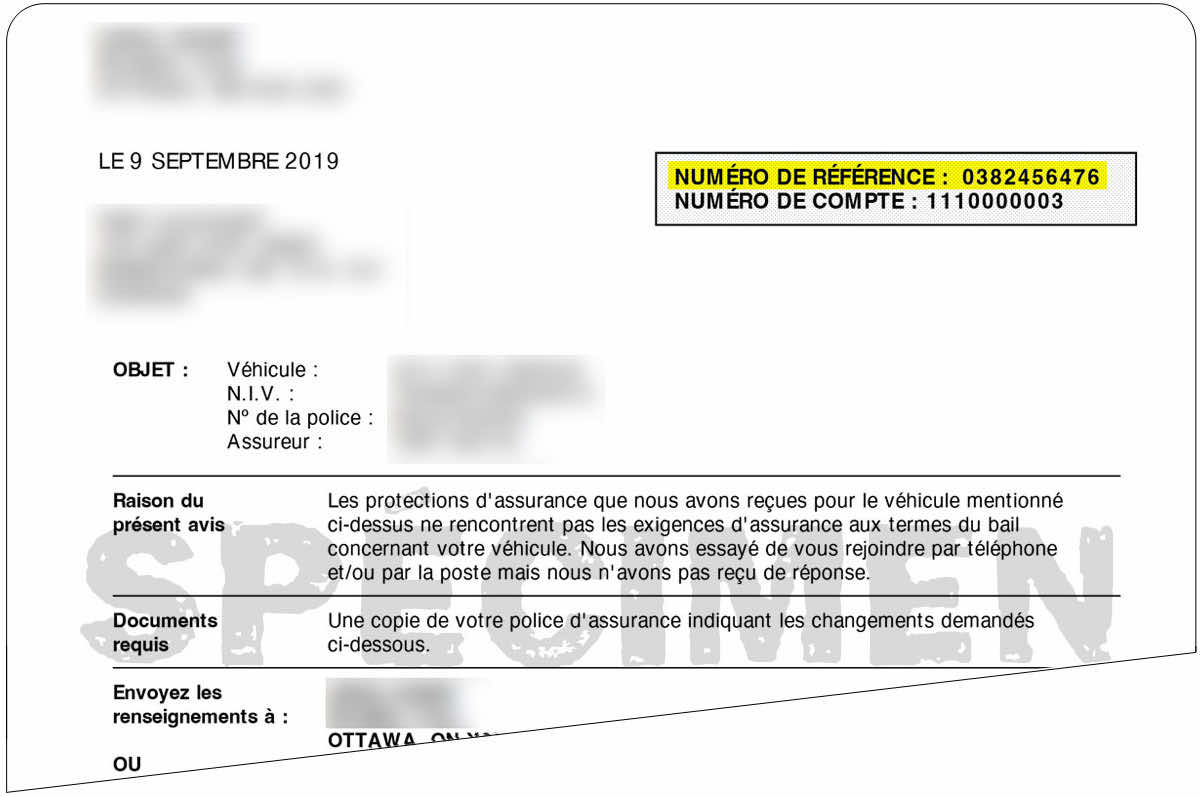 Image d’exemples de lettres d’assurance avec le numéro de référence en surbrillance.